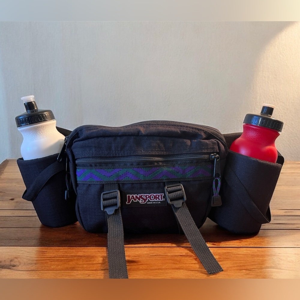 JanSport Black Waist Pack‎ Vintage Fanny Pack 1990s Aztec Design Travel Vacation